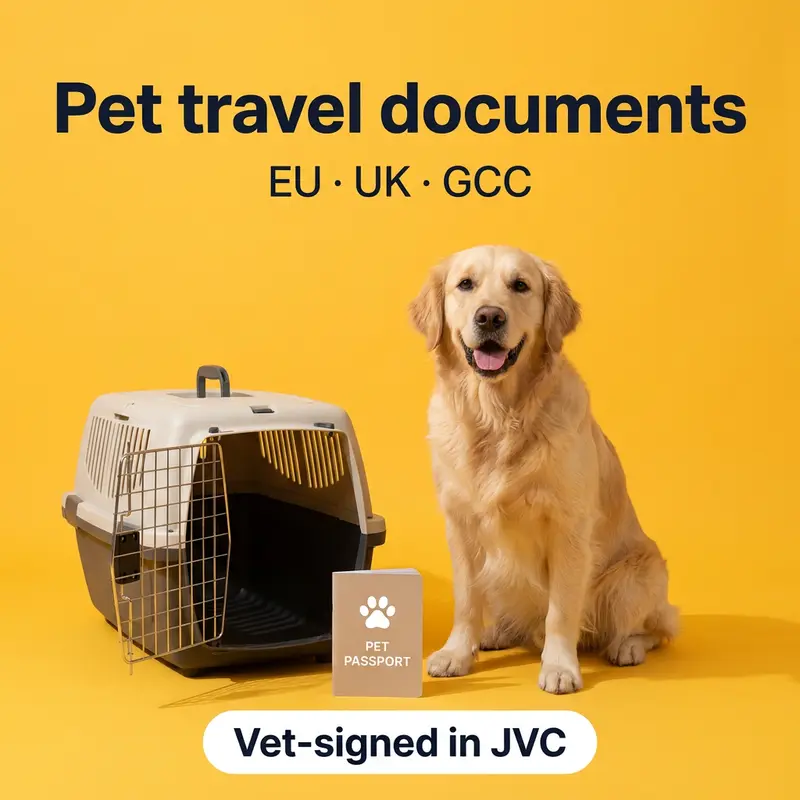 A golden retriever with a travel crate and a pet passport: pet travel from Dubai to Turkey (Türkiye)